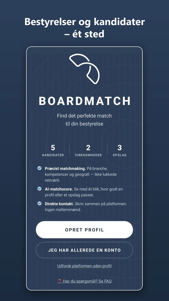 BoardMatch-appens startside med matchmaking, AI-matchscore og direkte kontakt.