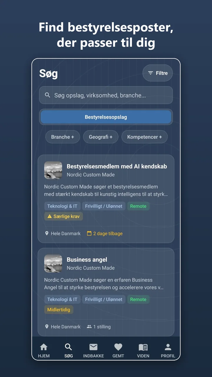 BoardMatch-appens søgeside med bestyrelsesopslag og filtre for branche, geografi og kompetencer.